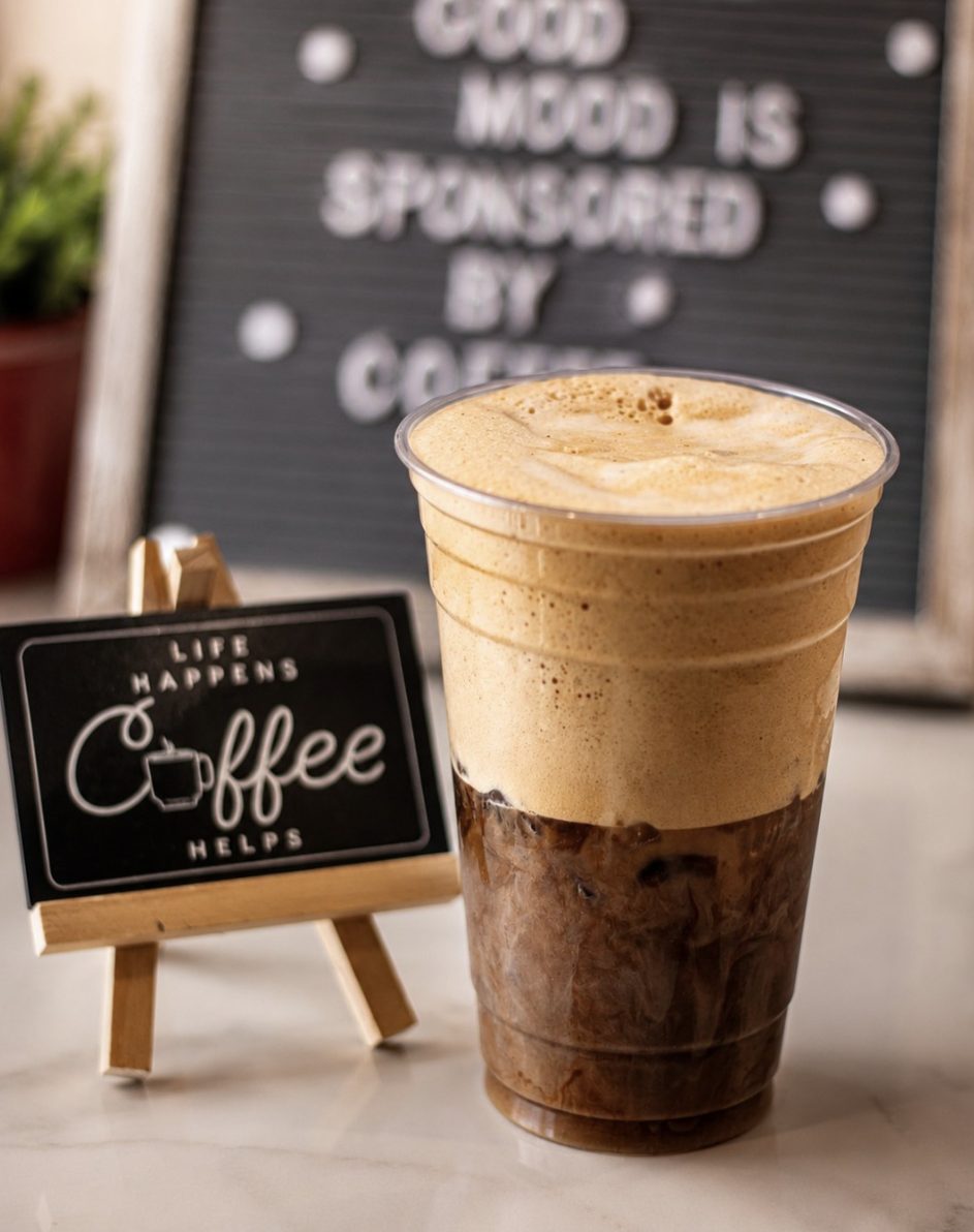 An iced espresso topped with a thick cap of golden foam beside a small chalkboard sign reading Life Happens, Coffee Helps.