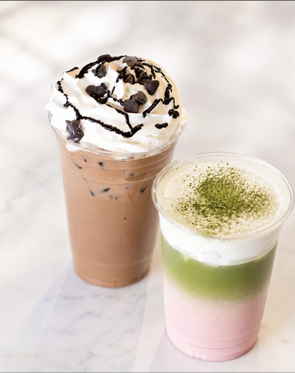 An iced mocha under whipped cream and chocolate drizzle standing beside a layered strawberry matcha latte.