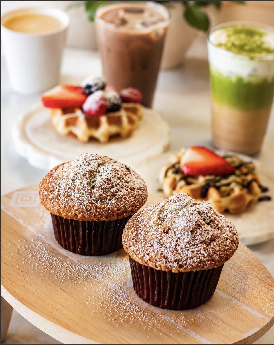 Golden waffles topped with berries and chocolate drizzle beside sugar-dusted muffins and a matcha latte.